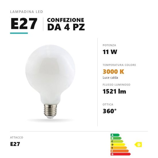 Lampadina e27 led filamento 11w a globo g95 3000k bianco confezione 4 pezzi gea luce