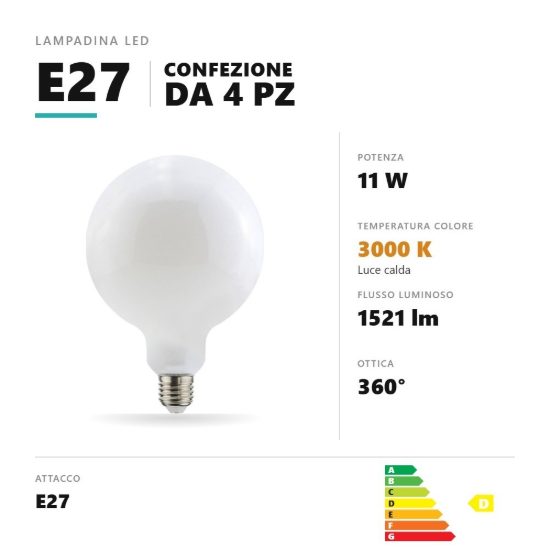 Lampadina e27 led filamento 11w a globo g125 3000k bianco confezione 4 pezzi gea luce