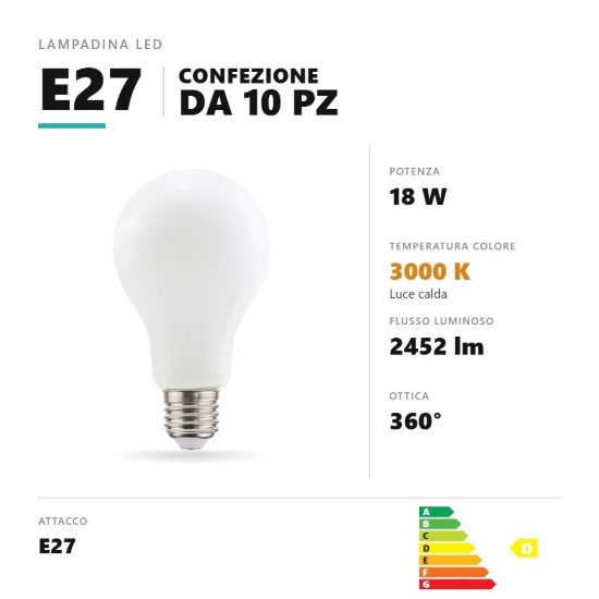 Lampadina e27 led filamento 18w a goccia 3000k bianco confezione 10 pezzi gea luce