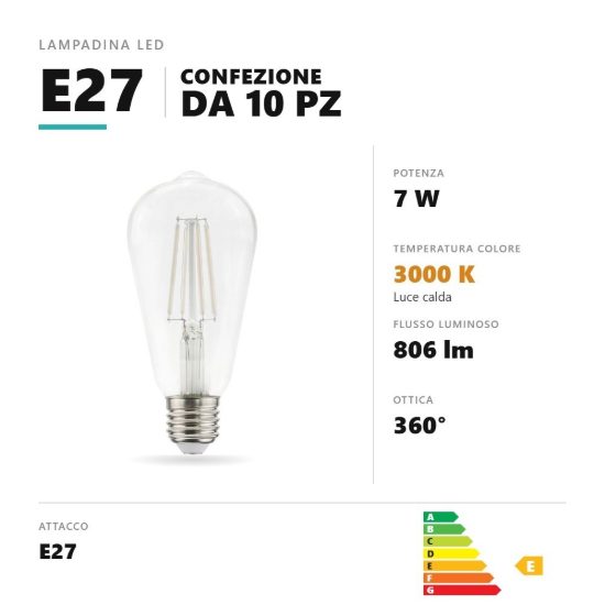 Lampadina e27 led filamento bianco 7w edison 3000k trasparente confezione 10 pezzi gea luce