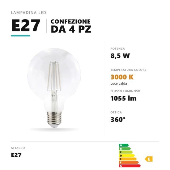 Lampadina e27 led filamento bianco 8,5w a globo g95 3000k trasparente confezione 4 pezzi gea luce