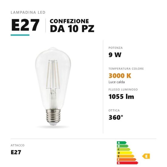 Lampadina e27 led filamento bianco 9w edison 3000k trasparente confezione 10 pezzi gea luce
