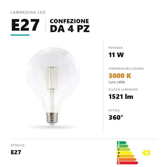 Lampadina e27 led filamento bianco 11w a globo g125 3000k trasparente confezione 4 pezzi gea luce