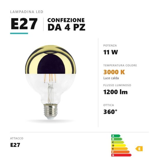 Lampadina e27 led filamento 11w a globo g95 3000k oro specchiato confezione 4 pezzi gea luce