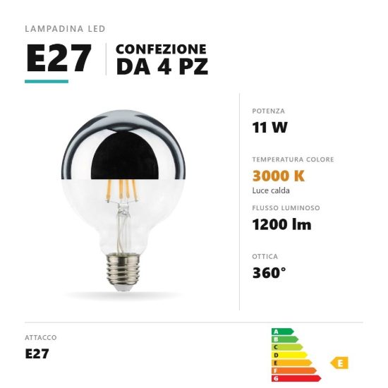Lampadina e27 led filamento 11w a globo g95 3000k argento specchiato confezione 4 pezzi gea luce