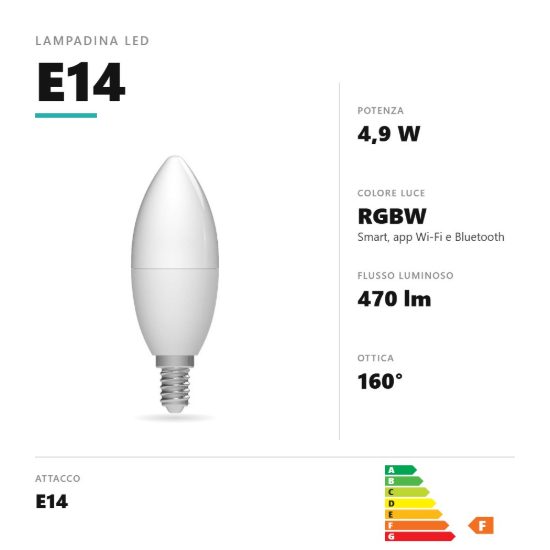 Lampadina e14 led smart 4,9w a candela rgbw dimmerabile bianco gea luce