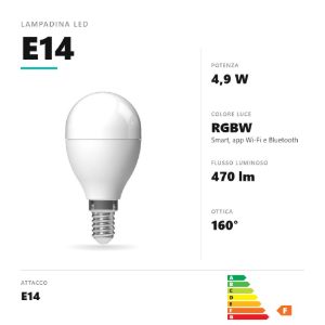 Lampadina e14 led smart 4,9w a sfera rgbw dimmerabile bianco gea luce