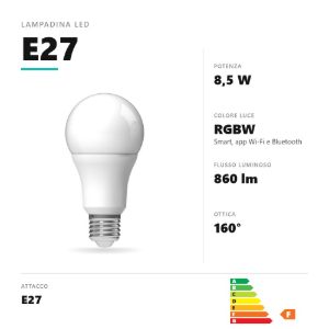Lampadina e27 led smart 8,5w a goccia rgbw dimmerabile bianco gea luce
