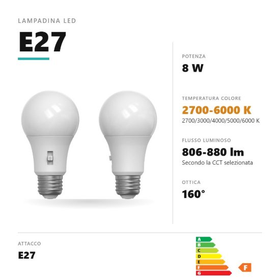 Lampadina e27 led 8w a goccia 2700k,3000k,4000k,5000k,6000k bianco gea luce
