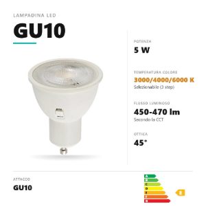 Lampadina gu10 led 5w a faretto 3000k,4000k,6000k ottica 45° bianco gea luce