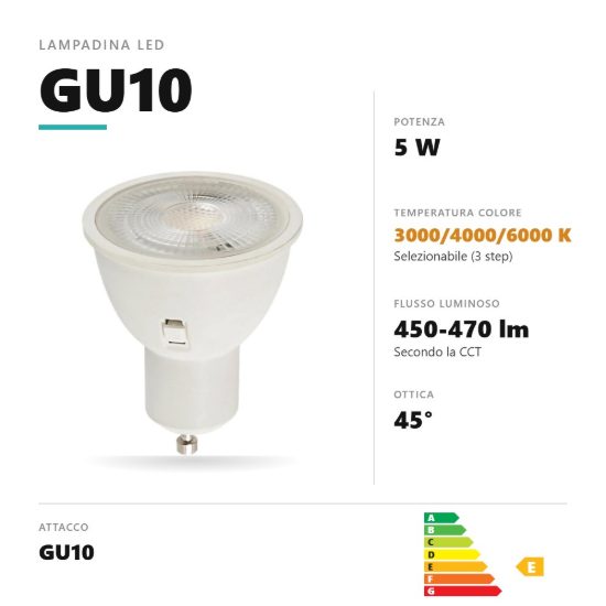 Lampadina gu10 led 5w a faretto 3000k,4000k,6000k ottica 45° bianco gea luce