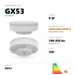 Lampadina gx53 led 8w a disco 3000k,4000k,6000k bianco gea luce