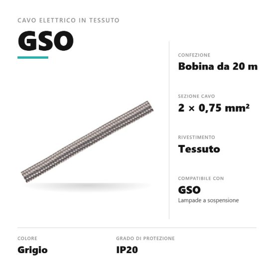 Gea luce gso cavo elettrico in tessuto per lampade a sospensione grigio