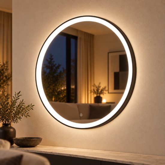 Gea luce krizia applique da parete con specchio led 40w cct 3000k 4000k rotonda nero satinato