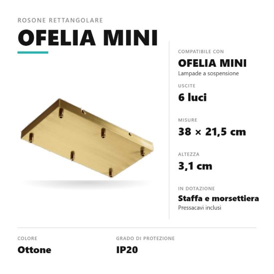 Gea luce ofelia rosone rettangolare 6 fori per lampade a sospensione ottone