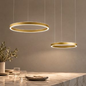 Gea luce criseide lampadario a sospensione con 2 pendenti decentrati led 75w 3000k oro spazzolato