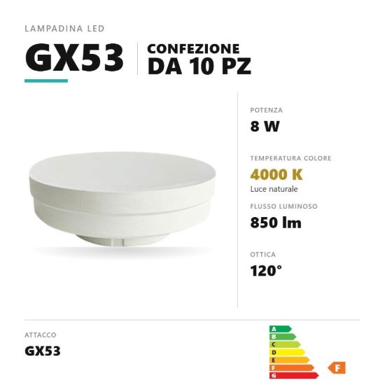 Lampadina gx53 led 8w a disco 4000k dimmerabile bianco confezione 10 pezzi gea luce