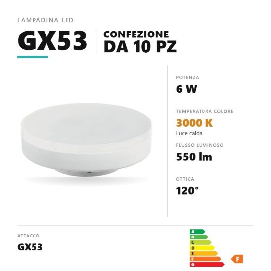 Lampadina gx53 led 6w a disco 3000k bianco confezione 10 pezzi gea luce
