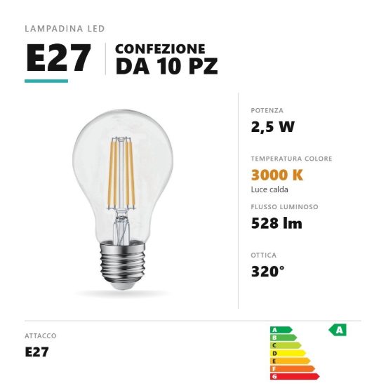 Lampadina e27 led filamento 2,5w a goccia 3000k trasparente confezione 10 pezzi gea luce