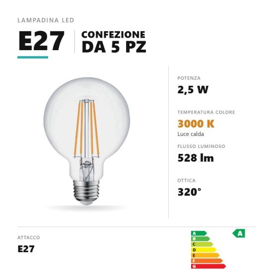 Lampadina e27 led filamento 2,5w a globo g95 3000k trasparente confezione 5 pezzi gea luce