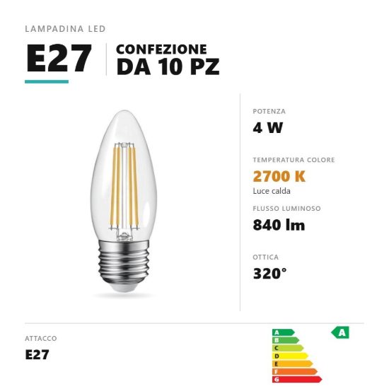 Lampadina e27 led filamento 4w a candela 2700k trasparente confezione 10 pezzi gea luce