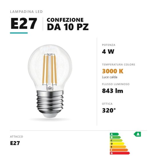 Lampadina e27 led filamento 4w a sfera 3000k trasparente confezione 10 pezzi gea luce