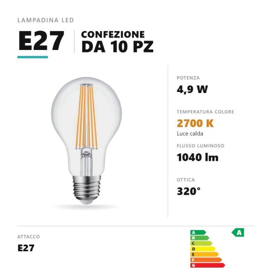 Lampadina e27 led filamento 4,9w a goccia 2700k trasparente confezione 10 pezzi gea luce