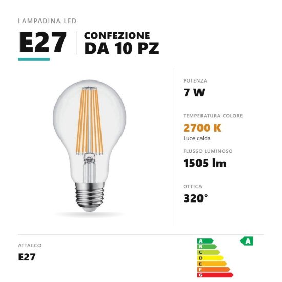 Lampadina e27 led filamento 7w a goccia 2700k trasparente confezione 10 pezzi gea luce