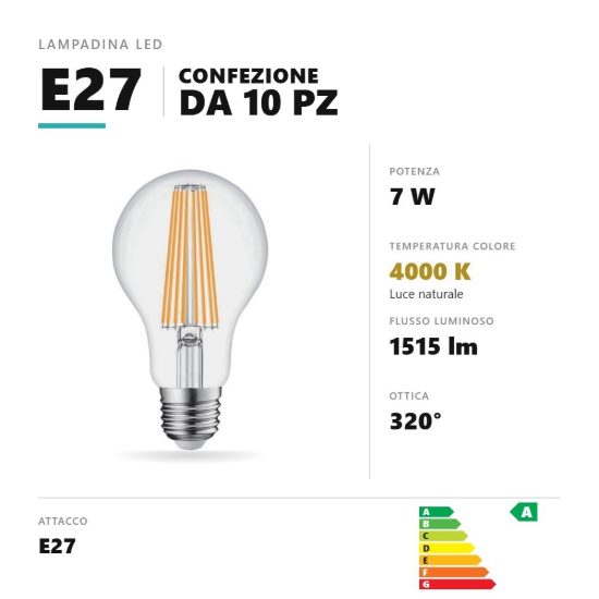 Lampadina e27 led filamento 7w a goccia 4000k trasparente confezione 10 pezzi gea luce