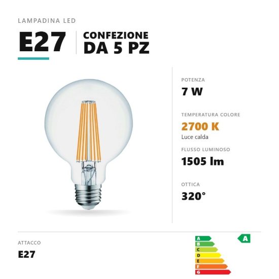 Lampadina e27 led filamento 7w a globo g95 2700k trasparente confezione 5 pezzi gea luce