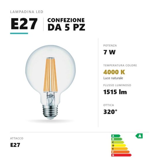 Lampadina e27 led filamento 7w a globo g95 4000k trasparente confezione 5 pezzi gea luce