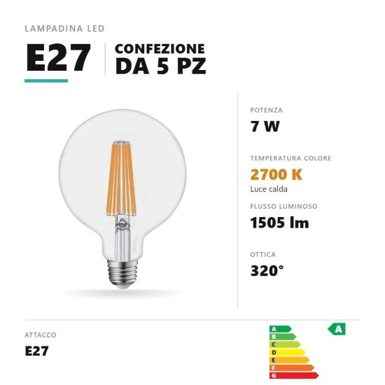 Lampadina e27 led filamento 7w a globo g125 2700k trasparente confezione 5 pezzi gea luce