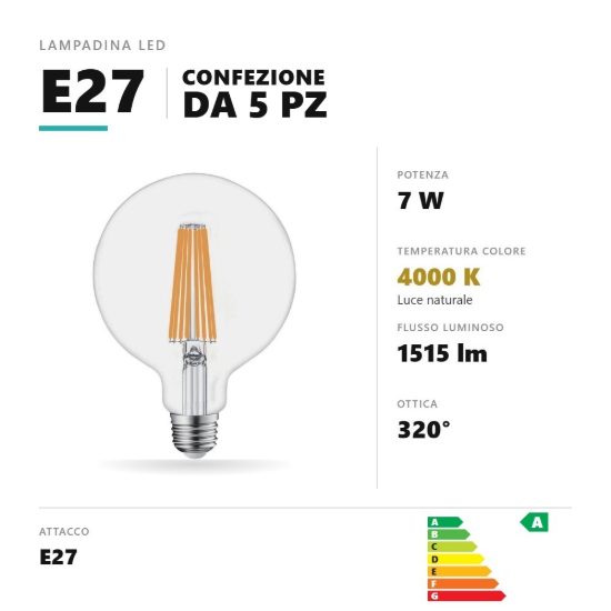 Lampadina e27 led filamento 7w a globo g125 4000k trasparente confezione 5 pezzi gea luce