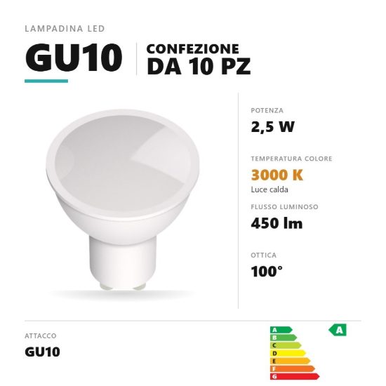 Lampadina gu10 led 2,5w a faretto 3000k ottica 100° bianco confezione 10 pezzi gea luce