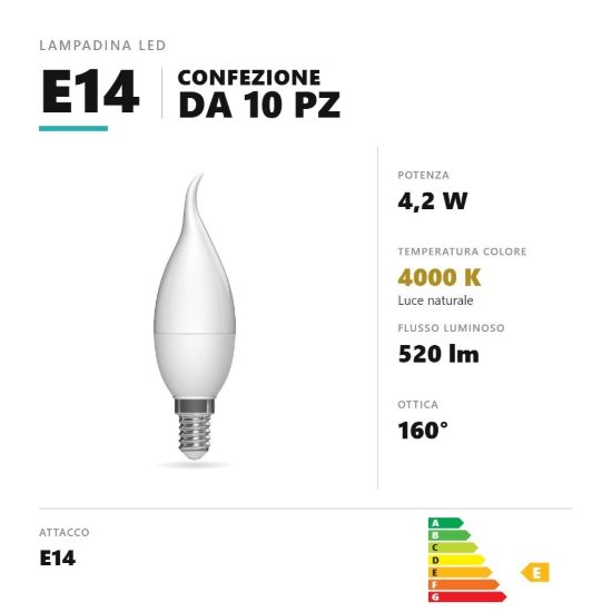 Lampadina e14 led 4,2w colpo di vento 4000k bianco confezione 10 pezzi gea luce