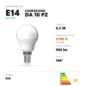 Lampadina e14 led 6,5w a sfera 2700k bianco confezione 10 pezzi gea luce