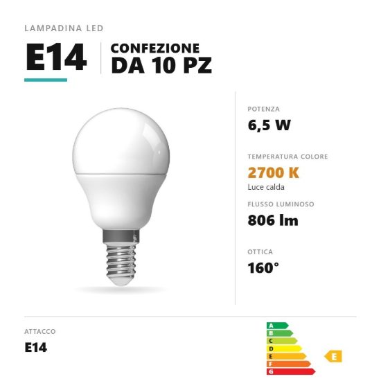 Lampadina e14 led 6,5w a sfera 2700k bianco confezione 10 pezzi gea luce