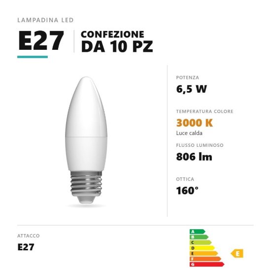 Lampadina e27 led 6,5w a candela 3000k bianco confezione 10 pezzi gea luce
