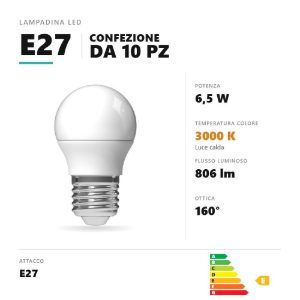 Lampadina e27 led 6,5w a sfera 3000k bianco confezione 10 pezzi gea luce