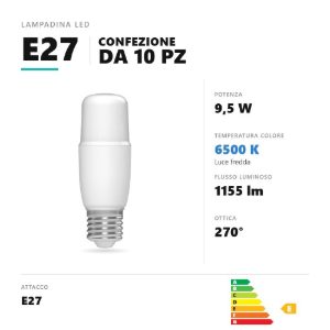 Lampadina e27 led 9,5w tubolare 6500k bianco confezione 10 pezzi gea luce