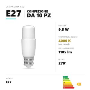 Lampadina e27 led 9,5w tubolare 4000k bianco confezione 10 pezzi gea luce