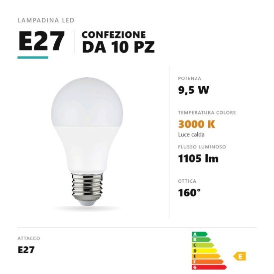 Lampadina e27 led 9,5w a goccia 3000k bianco confezione 10 pezzi gea luce