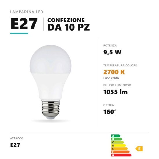 Lampadina e27 led 9,5w a goccia 2700k bianco confezione 10 pezzi gea luce