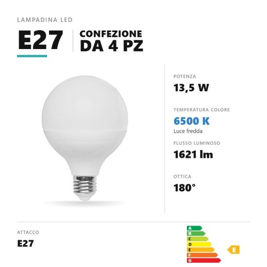 Lampadina e27 led 13,5w a globo g95 6500k bianco confezione 4 pezzi gea luce