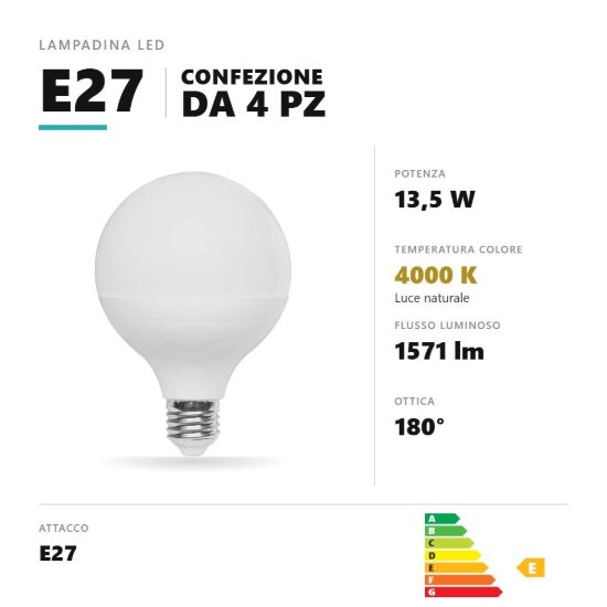 Lampadina e27 led 13,5w a globo g95 4000k bianco confezione 4 pezzi gea luce