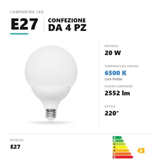 Lampadina e27 led 20w a globo g120 6500k bianco confezione 4 pezzi gea luce