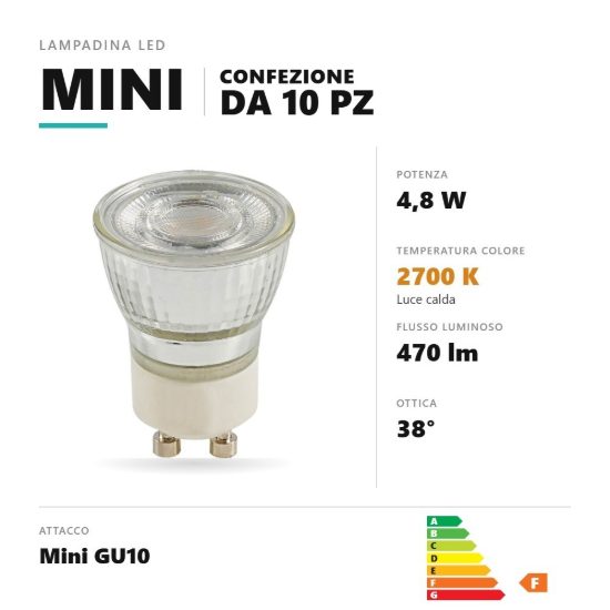 Lampadina mini gu10 led 4,8w a faretto 2700k ottica 38° trasparente confezione 10 pezzi gea luce