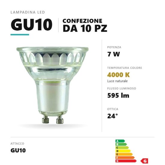 Lampadina gu10 led 7w a faretto 4000k ottica 24° dimmerabile trasparente confezione 10 pezzi gea luce