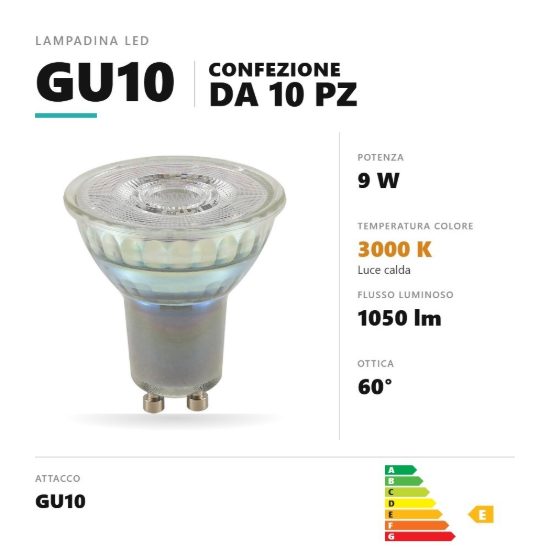 Lampadina gu10 led 9w a faretto 3000k ottica 60° trasparente confezione 10 pezzi gea luce