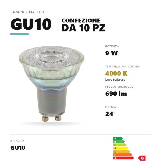 Lampadina gu10 led 9w a faretto 4000k ottica 24° dimmerabile trasparente confezione 10 pezzi gea luce